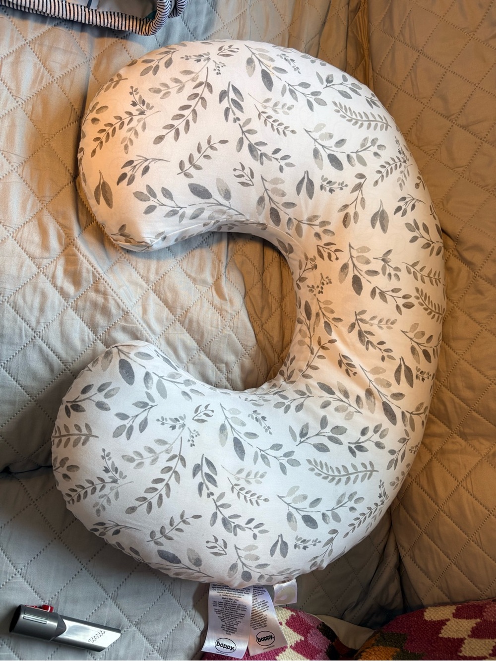 Boppy Nursing Pillow White with Gray Leaf Print